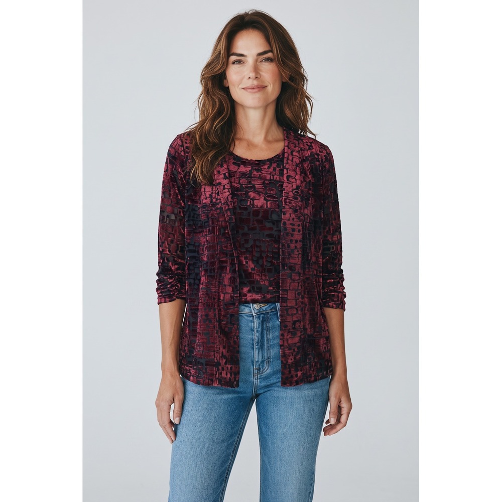 TanJay Women Burgundy Black Burnout Velvet Cardigan and Tank Twin Set Size M